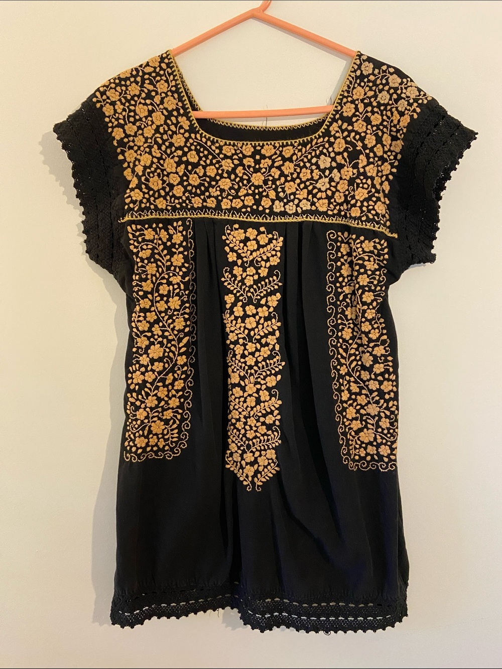 Vintage 1970s Mexican Embroidery Black and Gold Tunic Dress